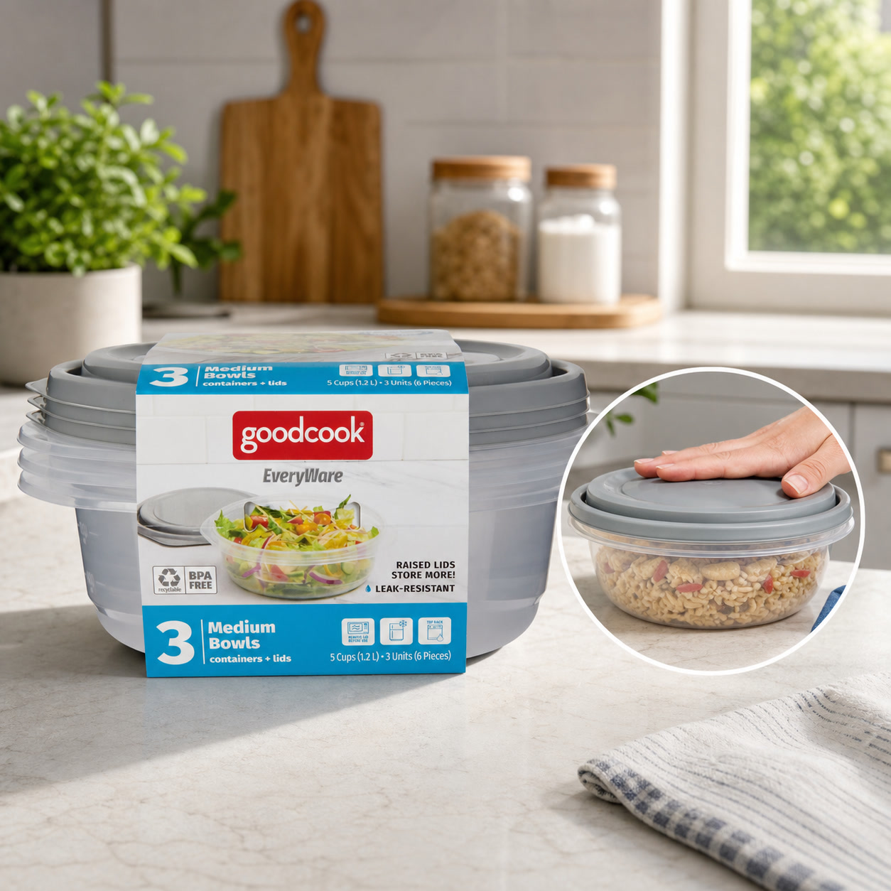 Meal Prep Bowl - ชุดภาชนะเก็บอาหารทรงกลม 6 ชิ้น พร้อมฝาปิด, ชามพลาสติกสีเทาสำหรับเตรียมอาหาร, ห้องเก็บของ,