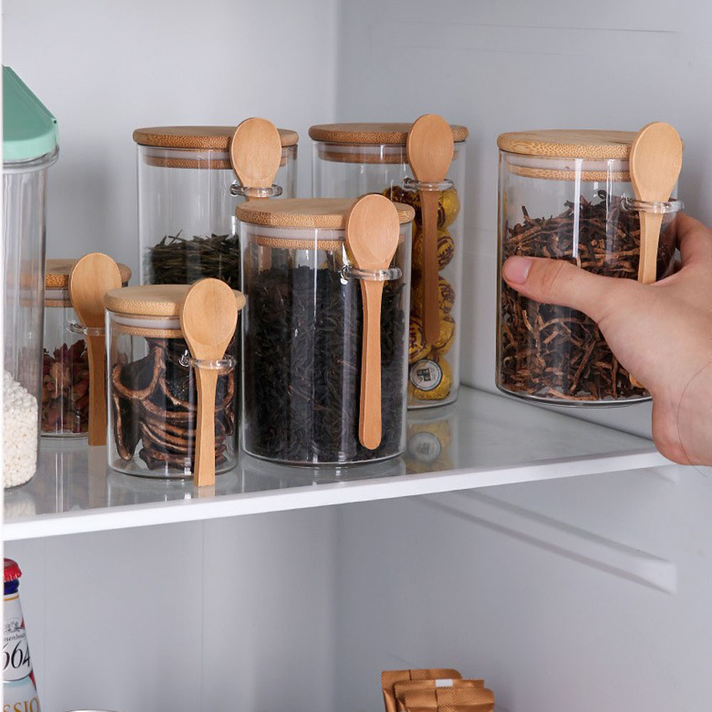 Meal Prep Jar - ภาชนะพลาสติกเก็บอาหารแบบสุญญากาศพร้อมช้อนไม้และฝาปิด สำหรับใส่เกลืออาบน้ำ น้ำตาล เครื่องเทศ กาแฟ ชา