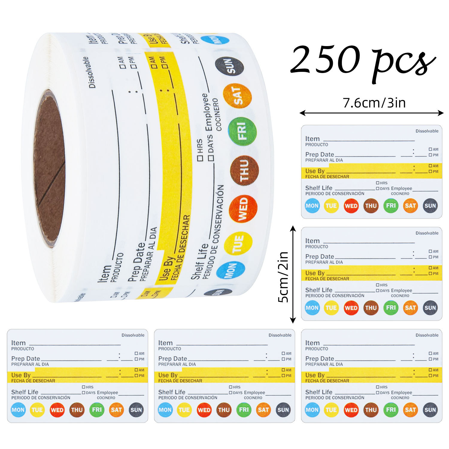 Meal Prep Jar - 250 ชิ้น/ม้วน ป้ายวันที่อาหาร กันน้ำ สติ๊กเกอร์สำหรับเตรียมอาหาร สำหรับภาชนะในครัว