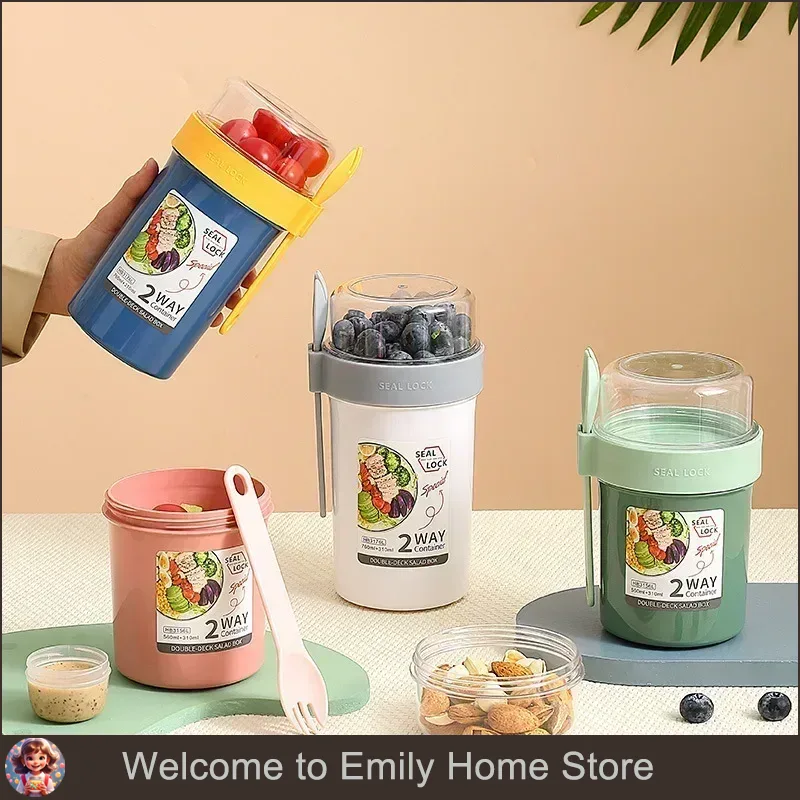 Meal Prep Jar - ชุดกล่องเบนโตะสำหรับอาหารกลางวัน พร้อมช่องใส่สลัด ข้าวโอ๊ต อาหารเช้า ถ้วยซีเรียล ถั่ว