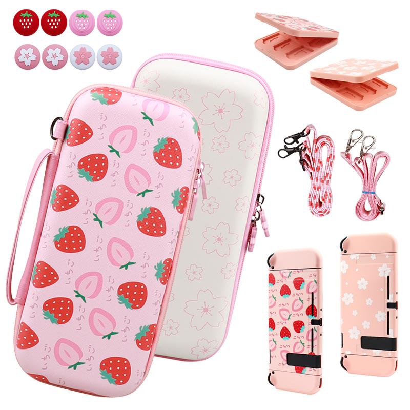 Strawberry Huller - สําหรับกระเป๋าใส่สวิตช์ เปลือกแข็ง EVA ลายสตรอเบอร์รี่และดอกซากุระ เหมาะสําหรับสวิตช์/OLED พร้อมอุปกรณ์เสริม