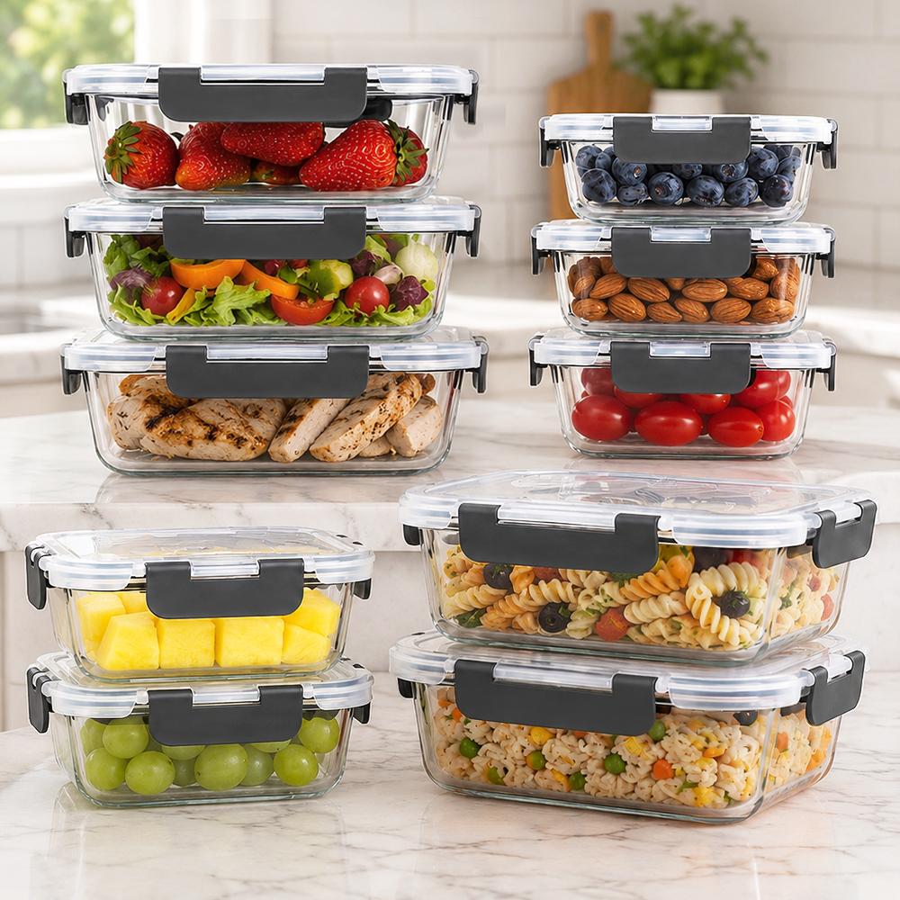 Meal Prep Glass Containers With Lids - ชุดภาชนะเก็บอาหารแก้ว 10 ชิ้น พร้อมฝาปิดล็อคแน่นสนิท ปราศจากสาร BPA