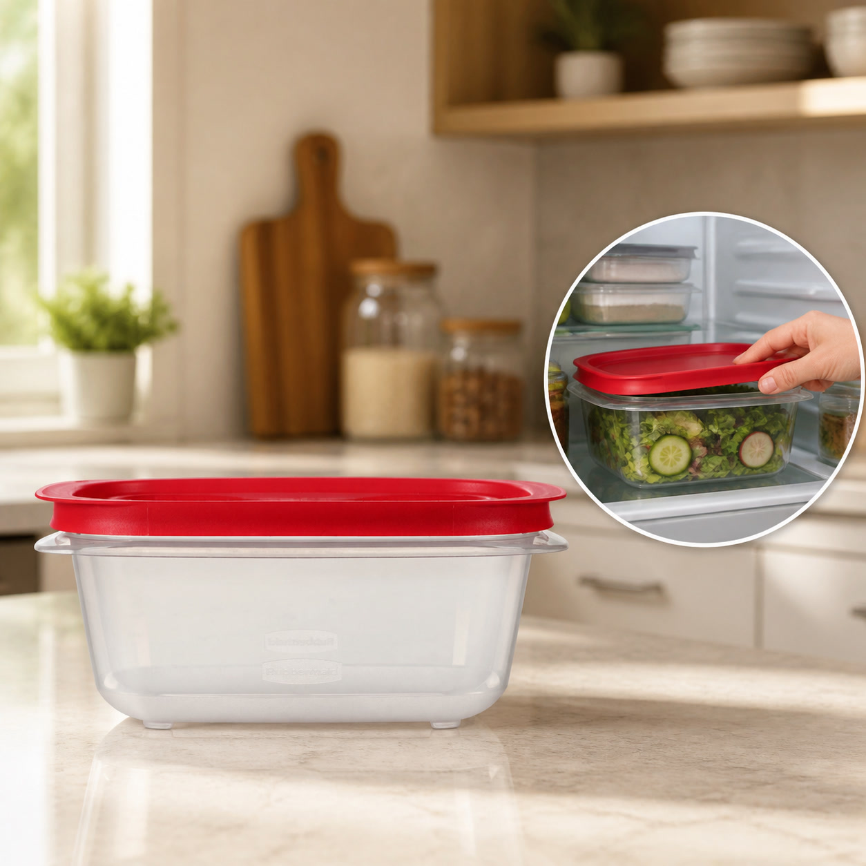 Meal Prep Easy - กล่องเก็บอาหารทรงสี่เหลี่ยมขนาด 5.26 คัพ พร้อมฝาปิดสีแดงที่ใช้งานง่าย สามารถวางซ้อนกันได้ เหมาะสำหรับการเตรียมอาหารในครัว