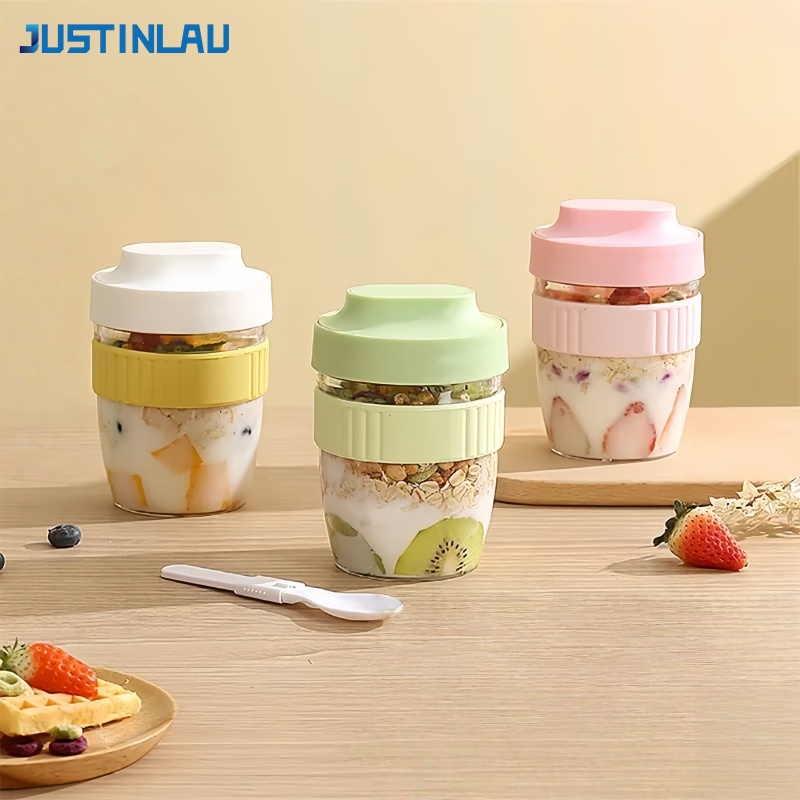 Meal Prep Bowl - JUSTINLAU ถ้วยสลัดผลไม้โยเกิร์ตข้าวโอ๊ตแบบพกพาพร้อมฝาปิด ช้อน ถ้วยเก็บอาหาร ฟิตเนส ลดน้ำหนัก